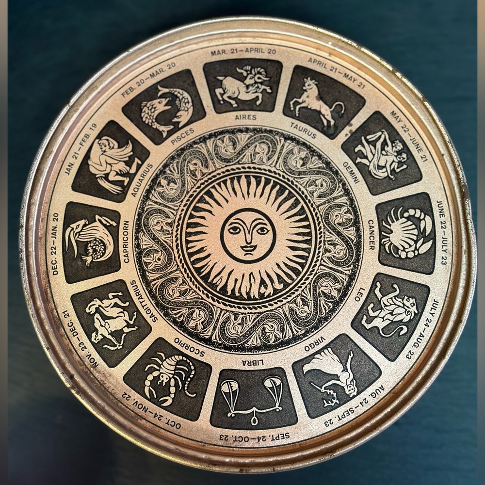 1960s Guildcraft Mid Century Zodiac Astrology Round Metal Embossed Tin with Lid